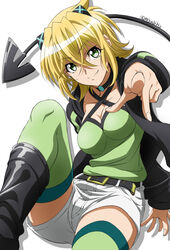  akatsuki_kirika akatsuki_kirika_(another) black_hoodie blonde_hair boots breasts demon_tail female green_eyes green_thighhighs hair_ornament highres hood hoodie looking_at_viewer medium_breasts miyabi_mt-b pointing pointing_at_viewer senki_zesshou_symphogear senki_zesshou_symphogear_xd_unlimited shiny_skin short_hair shorts simple_background smile solo tail thighhighs white_background white_shorts x_hair_ornament 