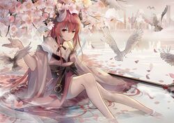  bird closed_mouth collarbone commentary date_a_live female flat_chest flower highres horns itsuka_kotori japanese_clothes kimono long_hair long_sleeves looking_at_viewer pink_flower pink_kimono red_eyes red_hair sitting smile soaking_feet solo symbol-only_commentary tadatsu very_long_hair wide_sleeves 