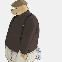  1:1 2014 anthro bear bottomwear brown_body brown_fur clothing ernest_(ernest_and_celestine) ernest_and_celestine fur hat headgear headwear male mammal norijaga overweight overweight_anthro overweight_male pants shirt simple_background solo topwear 