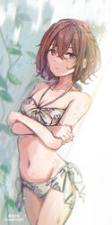  arms_under_breasts artist_name bare_shoulders bikini blush braid breasts brown_hair closed_mouth collarbone cowboy_shot crossed_arms female front-tie_bikini_top front-tie_top highres higuchi_madoka idolmaster idolmaster_shiny_colors looking_at_viewer medium_breasts mole mole_under_eye navel plant print_bikini purple_eyes short_hair side-tie_bikini_bottom solo soramame_tomu standing swept_bangs swimsuit twin_braids twitter_username vines wet white_bikini 