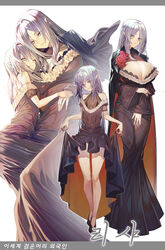  2girls bare_shoulders black_dress breasts cleavage clothes_lift commentary dress dress_lift elf eyes_visible_through_hair flat_chest full_body grey_eyes grey_hair gyudong123 hair_between_eyes highres korean_commentary korean_text large_breasts long_hair long_sleeves looking_at_viewer multiple_girls multiple_views original photoshop_(medium) pointy_ears see-through simple_background standing translation_request white_background 