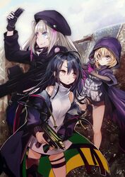  assault_rifle black_hair blonde_hair bullpup c-ms_(girls&#039;_frontline) cbj-ms commentary girls&#039;_frontline gloves gun handgun hat heterochromia highres hood jacket mdr_(girls&#039;_frontline) mineta_naoki multicolored_hair pink_hair px4_storm_(girls&#039;_frontline) rifle selfie signature smile streaked_hair submachine_gun weapon white_hair 