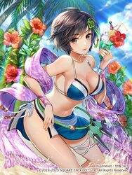  amazio_komeko azami_(saga) bikini black_hair blue_bikini blue_eyes breasts female floral_print flower front-tie_bikini_top front-tie_top hibiscus imperial_saga large_breasts multicolored_clothes multicolored_swimsuit palm_tree red_flower romancing_saga_2 saga scarf swimsuit tassel tree weapon 