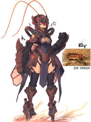  absurdres antennae armor bug clenched_hands covered_mouth cricket female full_body giant_weta green_eyes headgear helmet highres joints looking_at_viewer mecha_musume original pelvic_curtain photo_inset red_hair reference_inset robot_joints simple_background solo standing syaha thighhighs white_background 