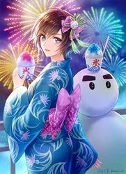  amazio_komeko azami_(saga) black_hair blue_eyes blue_kimono female fireworks food hair_ribbon highres japanese_clothes kimono obi ribbon romancing_saga_2 saga sash shaved_ice short_hair smile snow snowman tassel thistle wide_sleeves yukata 