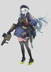  absurdres assault_rifle bag beret black_thighhighs blue_hair blue_jacket cartridge commentary female girls&#039;_frontline gloves green_eyes gun h&amp;k_hk416 hat headphones highres hk416_(girls&#039;_frontline) holding holding_weapon jacket long_hair looking_at_viewer red_gloves rifle shoes simple_background solo symbol-only_commentary thighhighs uniform weapon yitiao_er-hua 