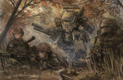  3boys aiming gun helmet highres holding holding_gun holding_weapon lying mecha military multiple_boys on_ground original robot soldier walking weapon xerbatt 