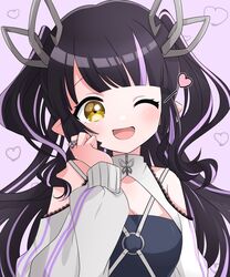  :d black_hair black_tube_top blunt_bangs blush breasts cleavage clothing_cutout commentary demon_girl demon_horns female heart highres horns jewelry kino_haruc kojo_anna kojo_anna_(2nd_costume) lace_trim long_hair looking_at_viewer medium_breasts multicolored_hair nanashi_inc. official_alternate_costume one_eye_closed open_mouth pink_background pink_hair pointy_ears ring shoulder_cutout shrug_(clothing) smile solo strapless sugar_lyric tube_top two-tone_hair two_side_up upper_body virtual_youtuber yellow_eyes 