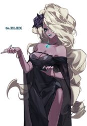  absurdres bare_shoulders black_dress black_flower black_rose blonde_hair blue_eyes blue_lips blue_nails bracelet breasts cleavage colored_skin commentary dress dungeon_and_fighter eyelashes female flower gem hair_flower hair_ornament hair_over_one_eye highres jewelry kasy korean_commentary large_breasts lipstick long_hair looking_at_viewer makeup mole mole_under_eye necklace off-shoulder_dress off_shoulder purple_skin rose sharan_(dungeon_and_fighter) side_slit simple_background solo very_long_hair white_background 