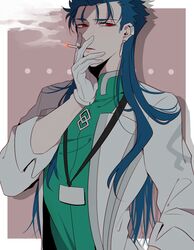  1boy blue_hair chaldea_uniform cigarette cosplay cu_chulainn_(caster)_(fate) cu_chulainn_(fate) earrings fate/grand_order fate_(series) gloves hair_down id_card jewelry lab_coat lanyard long_hair male_focus namahamu_(hmhm_81) red_eyes romani_archaman romani_archaman_(cosplay) smoking solo white_gloves 