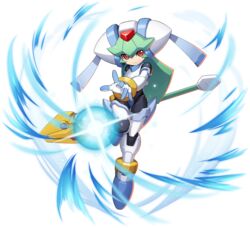  android facing_viewer female full_body green_hair helmet highres holding holding_weapon leg_up mega_man_(series) mega_man_x_(series) mega_man_x_dive mega_man_zx mizuno_keisuke model_w_(mega_man) official_art pandora_(mega_man) red_eyes solo source_request staff transparent_background weapon 