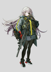  absurdres armor bag black_bodysuit black_pantyhose bodysuit brown_eyes closed_mouth commentary eyepatch female girls&#039;_frontline grey_hair gun h&amp;k_ump highres holding holding_weapon hood hooded_jacket jacket long_hair looking_at_viewer mask mask_around_neck mechanical_arms pantyhose respirator scar scar_on_face scar_on_mouth shoes simple_background single_mechanical_arm smoke_grenade sneakers solo submachine_gun symbol-only_commentary ump45_(girls&#039;_frontline) ump45_(mod3)_(girls&#039;_frontline) weapon yitiao_er-hua 