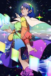  bag blue_eyes blue_hair blurry buttons cape card chromatic_aberration dress feet_out_of_frame female floating_cape floating_card glowing hairband halo hand_up highres kagari6496 long_sleeves looking_at_viewer multicolored_clothes multicolored_dress outstretched_hand parted_bangs parted_lips puffy_long_sleeves puffy_sleeves purple_footwear rainbow_gradient rainbow_order satchel short_hair sleeve_cuffs solo sparkle tenkyuu_chimata touhou upskirt white_cape 