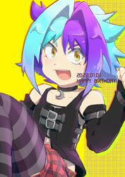  1boy artist_request bakuten_shoot_beyblade_rising beyblade blue_hair collar crescent detached_sleeves dress fishnet_top fishnets hair_intakes kagami_futsuki male_focus medium_hair open_mouth otoko_no_ko purple_hair solo source_request striped_clothes striped_thighhighs thighhighs yellow_eyes 