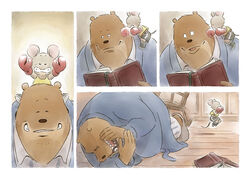  2014 4_panel_comic age_difference ambiguous_gender anthro bathrobe bear book boxing_gloves brown_body brown_fur celestine_(ernest_and_celestine) closed_eyes clothing detailed_background duo ernest_(ernest_and_celestine) ernest_and_celestine female fur handwear humanoid_hands larger_male male mammal mouse murid murine norijaga older_male on_model pretending reading robe rodent size_difference smaller_female younger_female 