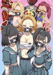  6+girls aoi_manabu asymmetrical_bangs bare_shoulders between_breasts bikini black_eyes black_hair blonde_hair blue_archive blush breasts breath choker cleavage collarbone commentary_request condom condom_between_breast condom_wrapper delinquent fingerless_gloves forehead gas_mask gloves green-tinted_eyewear halo hand_on_own_hip heavy_breathing helmet helmet_gang_officer_(blue_archive) helmet_gangster_(blue_archive) hitachi_magic_wand implied_pregnancy large_breasts long_hair long_sleeves looking_at_viewer mask midriff motorcycle_helmet mouth_mask multiple_girls navel orange-tinted_eyewear pleated_skirt ponytail pregnancy_test sarashi school_uniform seaside_sukeban_(mg)_(blue_archive) seaside_sukeban_(smg)_(blue_archive) serafuku sex_toy side_ponytail skirt small_breasts steam steaming_body string_bikini sukeban sukeban_(mg)_(blue_archive) sukeban_(smg)_(blue_archive) sukeban_(sr)_(blue_archive) sunglasses surgical_mask sweat swimsuit tinted_eyewear vibrator yellow-tinted_eyewear 