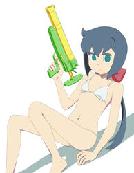  ahoge arm_support bare_shoulders barefoot bikini blue_hair bow breasts closed_mouth collarbone constanze_amalie_von_braunschbank-albrechtsberger empty_eyes feet_out_of_frame female finger_on_trigger green_eyes hair_between_eyes hair_ornament hairbow hand_up holding holding_water_gun light_frown little_witch_academia long_hair looking_at_viewer low_ponytail navel red_bow satochi sidelocks simple_background sitting small_breasts solo straight_hair string_bikini swimsuit thick_eyebrows very_long_hair water_gun white_background white_bikini 