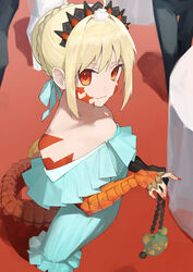  ahoge ao_tsukushi aqua_dress aqua_ribbon bare_shoulders black_gloves blonde_hair braid breasts dragon_tail dress elbow_gloves facial_mark fate/grand_order fate_(series) female french_braid gloves hair_bun hair_intakes hair_ribbon highres long_hair looking_at_viewer nero_claudius_(fate) off_shoulder pointy_ears queen_draco_(event_portrait)_(fate) queen_draco_(fate) red_eyes ribbon scales single_glove small_breasts smile solo tail tiara 