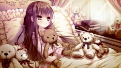  bed book boukyaku_shitsuji_to_koi_suru_ojou-sama_no_memoir campus chidori_hinano game_cg long_hair rubi-sama teddy_bear 