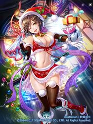  ;d amazio_komeko azami_(saga) bare_shoulders bell black_hair black_legwear blue_eyes blue_scarf box breasts christmas christmas_tree cleavage female floral_bow fur_trim gift gift_bag gift_box gloves hat holding holding_sack holly imperial_saga medium_breasts ninjatou one_eye_closed romancing_saga_2 sack saga sandals santa_hat scarf short_hair short_sword smile snowflake_print sword thistle weapon white_gloves window 