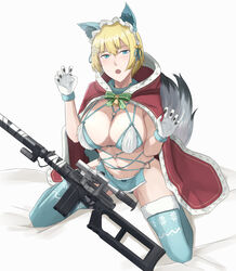  absurdres animal_ears aqua_eyes bell blonde_hair blue_thighhighs blush breasts christmas cleavage cloak commentary cyka female girls&#039;_frontline gloves gun hair_ornament highres large_breasts looking_at_viewer medium_hair mole mole_on_breast neck_bell open_mouth paw_pose red_cloak rifle sitting sniper_rifle snowflake_hair_ornament solo tail thighhighs vsk-94 vsk-94_(christmas_eve_detective)_(girls&#039;_frontline) vsk-94_(girls&#039;_frontline) weapon white_background white_gloves 