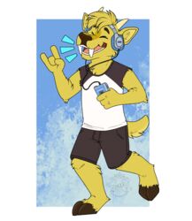  anthro bottomwear cervine chevellenat clothing dancing deer dj_strap electronics fangs fur gesture headphones hi_res hooves horn male mammal muntjac shirt shorts singing sleeveless_shirt solo sony_walkman tape_player teeth topwear yellow_body yellow_fur 