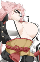  baiken big_hair black_jacket black_kimono breasts cleavage eyepatch facial_tattoo female guilty_gear highres jacket japanese_clothes kataginu kimono large_breasts long_hair multicolored_clothes multicolored_kimono one-eyed open_clothes open_kimono pink_hair ponytail red_eyes ryu3224 sash scar scar_across_eye scar_on_face skeptical solo tattoo white_background white_kimono 