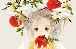  antlers apple bad_id bad_pixiv_id branch cloud commentary female flower food fruit grey_background grey_eyes grey_hair hands_up highres holding holding_food holding_fruit horns leaf looking_at_viewer medium_hair moss niwa_haruki open_mouth original portrait shirt simple_background solo white_shirt 