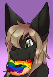  anthro bat big_ears biobatz dessert doughnut fangs food fur grey_body grey_fur hair hi_res lgbt_pride long_hair mammal pastry pride_color_food pride_colors rainbow_pride_colors rindeadsong six-stripe_rainbow_pride_colors solo teeth 