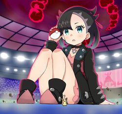  ? black_choker black_hair blue_eyes choker commentary_request convenient_leg dress dynamax earrings female giant giantess holding holding_poke_ball jacket jewelry marnie_(pokemon) medium_hair morpeko morpeko_(full) poke_ball poke_ball_(basic) pokemon pokemon_(creature) pokemon_swsh siragagaga sitting stadium 