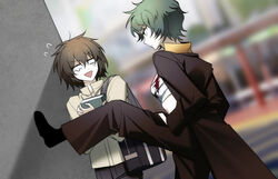  1boy bad_id bad_twitter_id black_coat black_footwear black_pants blood blood_on_clothes blurry blurry_background book bousouzoku brown_hair chest_sarashi closed_mouth coat commentary_request delinquent ekplsc english_commentary female foot_kabedon green_hair harada_minoru holding holding_book isoi_rai kabedon korean_commentary long_sleeves mixed-language_commentary open_clothes open_coat outdoors pants saibou_shinkyoku sanpaku sarashi shirt short_hair surprised yellow_shirt 