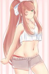  absurdres arm_behind_head arm_up blush bow breasts brown_hair cleavage commentary crop_top doki_doki_literature_club english_commentary female green_eyes grey_shorts hair_intakes hair_ribbon hairbow highres long_hair looking_at_viewer midriff monika_(doki_doki_literature_club) navel one_eye_closed panties panties_under_shorts ponytail raion_(raionart) red_panties ribbon short_shorts shorts solo underwear white_ribbon 