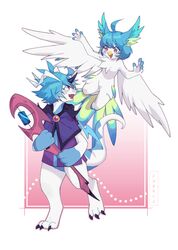  2018 3_toes 4_fingers anthro avian beak bird blue_hair chest_tuft claws clothing cute_fangs dragon duo feathered_wings feathers feet female fingers fur gem hair hi_res looking_at_another mythological_creature mythological_scalie mythology open_mouth perico pink_eyes red_eyes scalie sifyro simple_background tail toes tongue tuft wand white_body white_fur winged_arms wings zuekrz 