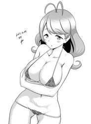  antenna_hair ass_visible_through_thighs bare_shoulders blush breasts cleavage collarbone cowboy_shot dated dutch_angle female greyscale long_hair looking_at_viewer misonoo_mana monochrome murakumo1987 navel parted_lips signature simple_background solo tokyo_7th_sisters white_background 