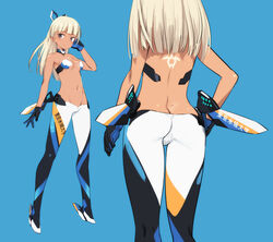  alice_gear_aegis araime_yasuri ass back_tattoo blue_background blunt_bangs breasts butt_crack closed_mouth commentary dark-skinned_female dark_skin female from_behind gloves grey_eyes hand_on_own_hip high_heels long_hair mecha_musume multiple_views pants shimada_fumikane simple_background small_breasts standing tattoo 