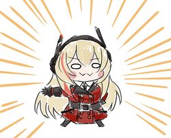  :3 belt black_belt black_gloves black_legwear black_necktie blonde_hair blush_stickers chibi chika_(keiin) commentary_request female full_body girls&#039;_frontline gloves griffin_&amp;_kryuger_military_uniform hair_between_eyes headgear jacket long_hair long_sleeves m4_sopmod_ii_jr multicolored_hair necktie o_o outstretched_arm red_hair red_jacket shirt smile solo standing streaked_hair uniform white_background white_shirt 