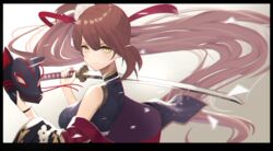  absurdly_long_hair absurdres azur_lane bad_id bad_pixiv_id bare_shoulders black_kimono breasts brown_hair daily_(daily178900) female fox_mask from_side hair_ribbon highres holding holding_mask holding_sword holding_weapon japanese_clothes kimono long_hair looking_at_viewer looking_to_the_side mask medium_breasts official_alternate_costume over_shoulder ponytail red_ribbon ribbon simple_background solo sword sword_over_shoulder unworn_mask upper_body very_long_hair weapon weapon_over_shoulder yellow_eyes zuikaku_(azur_lane) zuikaku_(ceremonial_crane)_(azur_lane) 