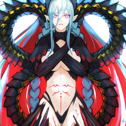  +_+ black_gloves body_markings braid breasts crossed_bangs curled_horns elbow_gloves fate/grand_order fate_(series) female gloves grey_hair hair_between_eyes highres horns large_breasts long_hair long_horns looking_at_viewer moedredd multicolored_hair navel pink_eyes pointy_ears red_hair shrug_(clothing) solo stomach_tattoo striped_clothes striped_gloves symbol-shaped_pupils tattoo thighs tiamat_(fate) twin_braids two-tone_hair vertical-striped_clothes vertical-striped_gloves very_long_hair 