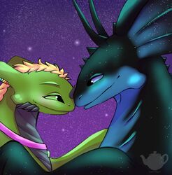  dragon dreamworks dual european_mythology fury_(httyd) how_to_train_your_dragon hug light_fury male mythological_creature mythological_scalie mythology night night_fury outside puff_moonwatcher scalie starglider western_dragon 