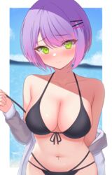  bare_shoulders bikini black_bikini blush breasts chocomaru cleavage closed_mouth collarbone commentary female front-tie_bikini_top front-tie_top gradient_hair green_eyes hair_ornament halterneck highres hololive large_breasts looking_at_viewer multicolored_hair navel navel_piercing oerba_yun_fang outdoors piercing pink_hair purple_hair short_hair skin_fang smile solo string_bikini swept_bangs swimsuit tokoyami_towa virtual_youtuber x_hair_ornament 