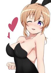  animal_ears bangs bare_shoulders blush breasts bunny_ears bunny_girl cleavage collarbone female gochuumon_wa_usagi_desu_ka? heart hoto_cocoa large_breasts leotard one_eye_closed open_mouth orange_hair playboy_bunny purple_eyes riyo_(aokiwazumi) short_hair simple_background upper_body white_background 