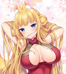  animal_ear_fluff animal_ears armpits arms_up blonde_hair blue_eyes blush braid breasts cleavage closed_mouth commentary_request double_bun doughnut_hair_bun female fox_ears fox_tail hair_bun hair_in_own_mouth heart large_breasts lips long_hair looking_at_viewer miyano_ururu original short_eyebrows smile solo tail upper_body very_long_hair 