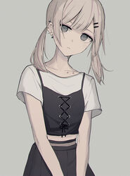  absurdres bad_id bad_pixiv_id black_camisole black_skirt brown_hair camisole camisole_over_clothes collarbone commentary ear_piercing earrings eyebrows_hidden_by_hair female grey_background grey_eyes hair_ornament hairclip head_tilt highres jewelry kogure_ruka looking_at_viewer multicolored_hair piercing purple_hair sakura_no_sekai shirt short_sleeves skirt solo streaked_hair stud_earrings sunlight symbol-only_commentary tsuruse twintails white_shirt 