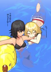  2girls andou_(girls_und_panzer) arm_grab bikini black_bikini black_hair blonde_hair breasts cleavage closed_mouth commentary dark-skinned_female dark_skin dutch_flag dutch_flag_bikini dutch_flag_print flag_print frown girls_und_panzer inflatable_duck inflatable_toy looking_at_another medium_breasts medium_hair messy_hair multiple_girls open_mouth oshida_(girls_und_panzer) print_bikini smile swimming swimsuit tan_(inka) translated v-shaped_eyebrows water 