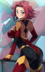  absurdres ass blue_eyes blush bodysuit breasts closed_mouth code_geass commentary cowboy_shot female flipped_hair guren_(code_geass) guren_mk-ii hair_intakes hand_on_railing highres knightmare_frame kouzuki_kallen large_breasts looking_at_viewer md5_mismatch mecha median_furrow multicolored_bodysuit multicolored_clothes pilot_suit red_hair resolution_mismatch robot science_fiction short_hair signature skin_tight smile source_smaller turning_head twitter_username yoo_tenchi 