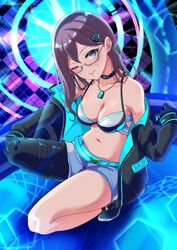  absurdres belt bikini bikini_top_only black_choker black_footwear black_pantyhose blue_belt blue_eyes blue_gloves blue_shorts breasts brown_hair choker cleavage collarbone dance_on_the_galaxy_(idolmaster) dog_tags dot_nose female glasses gloves grey-framed_eyewear grey_bikini hair_ornament hairclip hand_on_own_knee hand_up highres idolmaster idolmaster_cinderella_girls idolmaster_cinderella_girls_starlight_stage jacket knee_up long_hair long_sleeves looking_at_viewer medium_breasts multicolored_background murabito_c navel no_shirt off_shoulder one_eye_closed open_clothes open_jacket pantyhose semi-rimless_eyewear shorts single_leg_pantyhose smile solo squatting swimsuit under-rim_eyewear yagami_makino zipper 