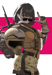  australian_flag aviator_sunglasses belt black_hair bulletproof_vest camouflage camouflage_pants character_name chinese_commentary commentary_request cosplay female finger_gun gesture_request girls&#039;_frontline gloves gun helmet heterochromia highres index_finger_raised looking_at_viewer looking_over_eyewear mozzie_(rainbow_six_siege) multicolored_hair pants photoshop_(medium) rainbow_six_siege red_eyes ro635_(girls&#039;_frontline) solo sunglasses tactical_clothes two-tone_hair unworn_headwear unworn_helmet weapon white_hair yellow_eyes yitiao_er-hua 