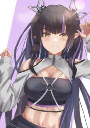  absurdres black_hair black_skirt black_tube_top blunt_bangs blush breasts cleavage clothing_cutout commentary_request demon_girl demon_horns female fooming grey_jacket grin highres horns jacket kojo_anna kojo_anna_(2nd_costume) lace_trim long_hair long_sleeves looking_at_viewer medium_breasts midriff multicolored_hair nanashi_inc. navel official_alternate_costume pointy_ears purple_hair shoulder_cutout shrug_(clothing) skirt smile solo strapless sugar_lyric tube_top two-tone_hair two_side_up upper_body virtual_youtuber yellow_eyes 