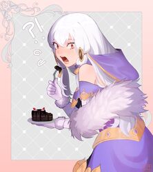  !? bare_shoulders cake cake_slice chocolate_cake choker commentary dress elbow_gloves english_commentary female fire_emblem fire_emblem:_three_houses fire_emblem_heroes floating_hair food fork fur_trim gloves hair_between_eyes highres holding holding_food holding_fork holding_plate ilvernaa jewelry long_hair looking_at_viewer lysithea_von_ordelia open_mouth pink_eyes plate purple_dress signature solo strapless strapless_dress teeth tied_hair veil white_gloves white_hair 