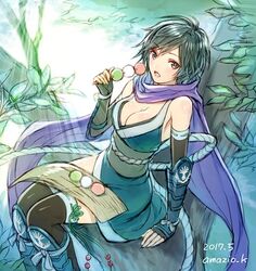  amazio_komeko azami_(saga) black_hair black_legwear blue_eyes blue_scarf breasts cleavage dango dated eating female fingerless_gloves food gloves japanese_clothes kimono ninja obi romancing_saga_2 saga sash scarf short_hair short_kimono signature thighhighs thistle wagashi 